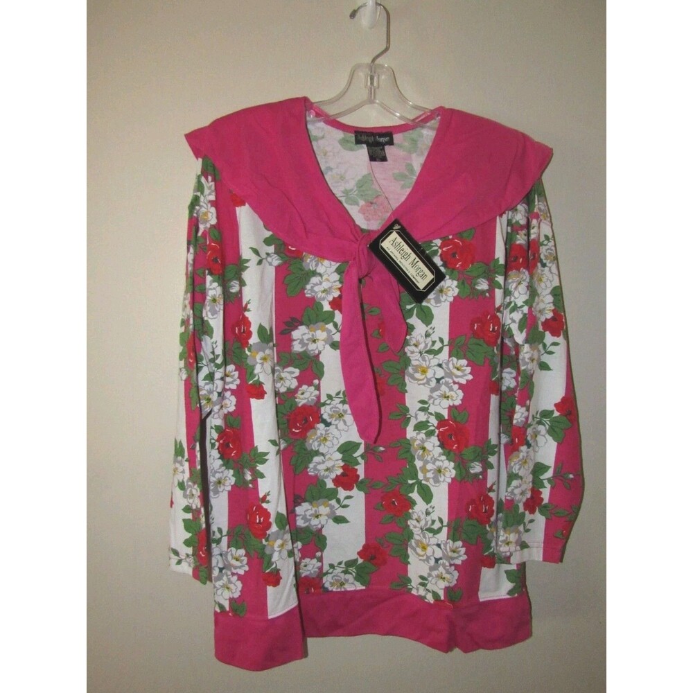 Ashleigh Morgan Womens M Pink Floral Smocked NWT  Tie Bow Cotton Top 90's VTG